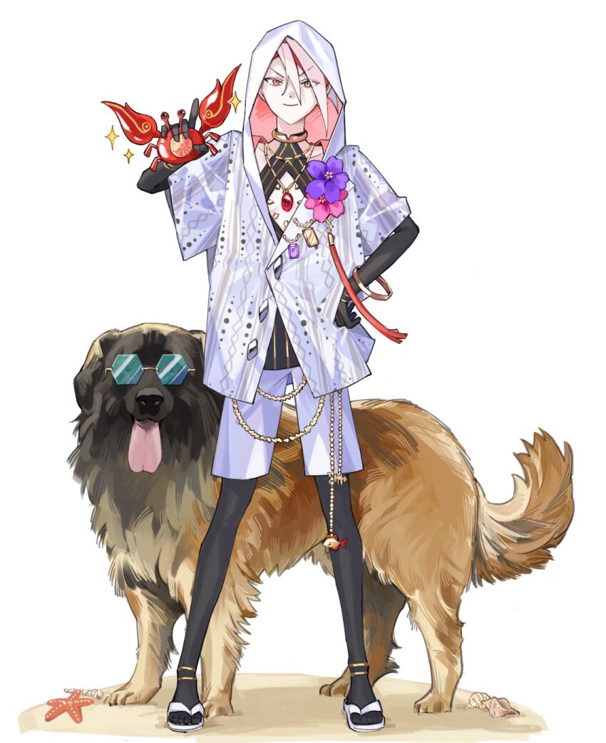 1boy, bishounen, blue_eyes, chest_jewel, colored_skin, commentary, crab, dog