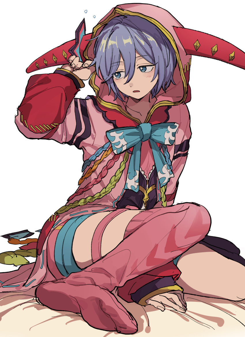 1girl, androgynous, aoi_(yooo009), aqua_bow, aqua_bowtie, aqua_shorts, bed_sheet, between_legs