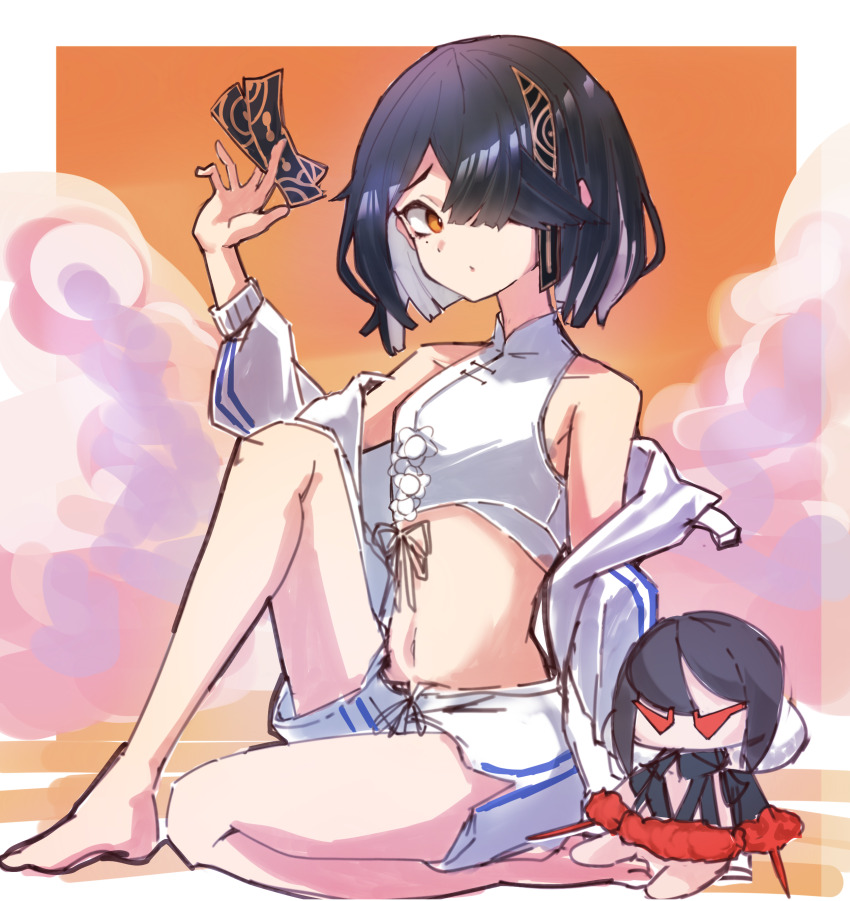 1girl, absurdres, ashita_tein, bare_shoulders, barefoot, beach, black_hair, blush