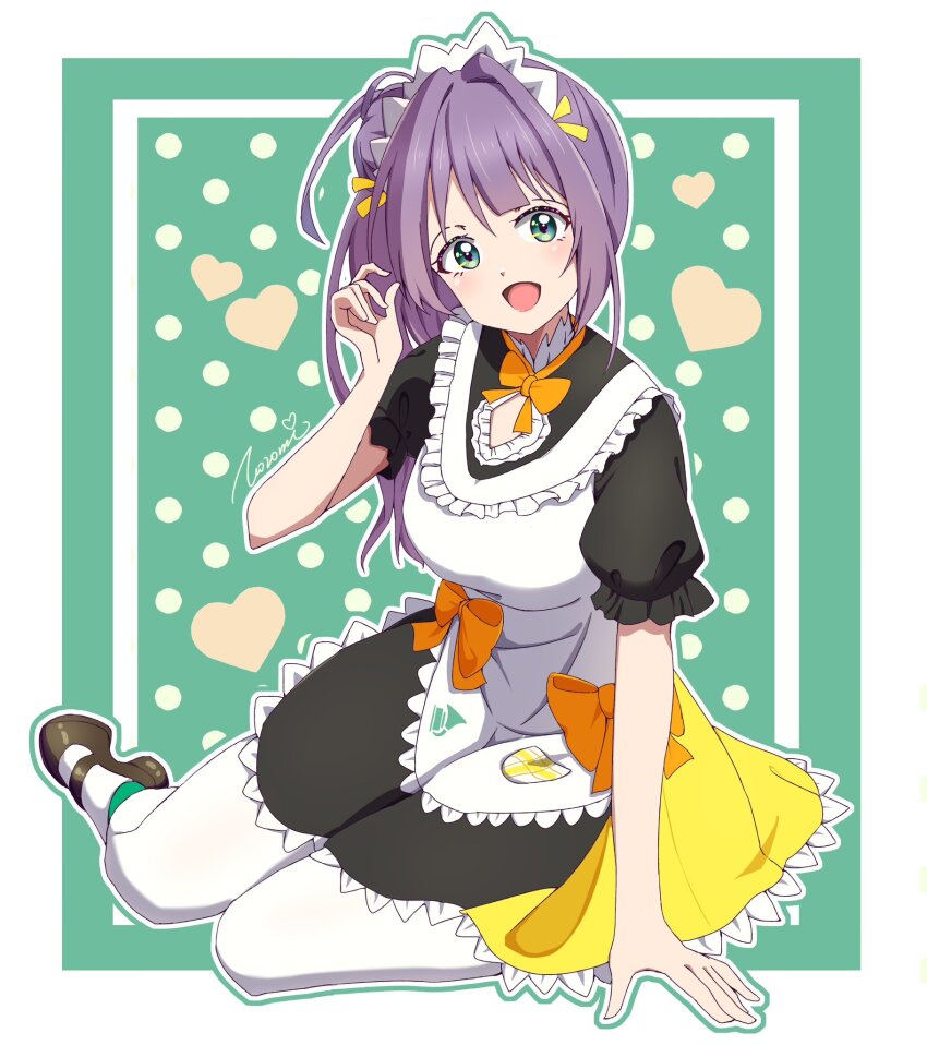 1girl, :d, alternate_costume, apron, black_dress, border, bow, bowtie