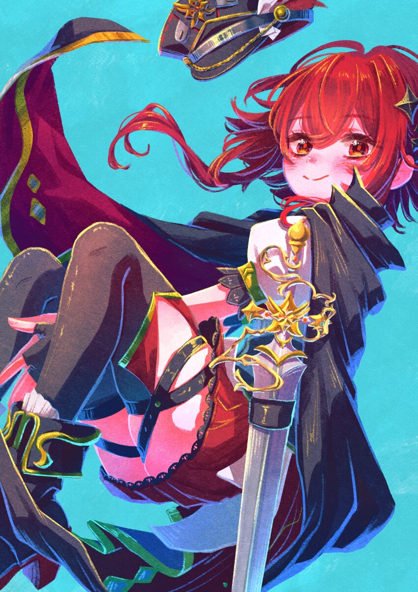 absurdres, black_cape, black_footwear, black_hat, blue_background, cape, commission, fingerless_gloves