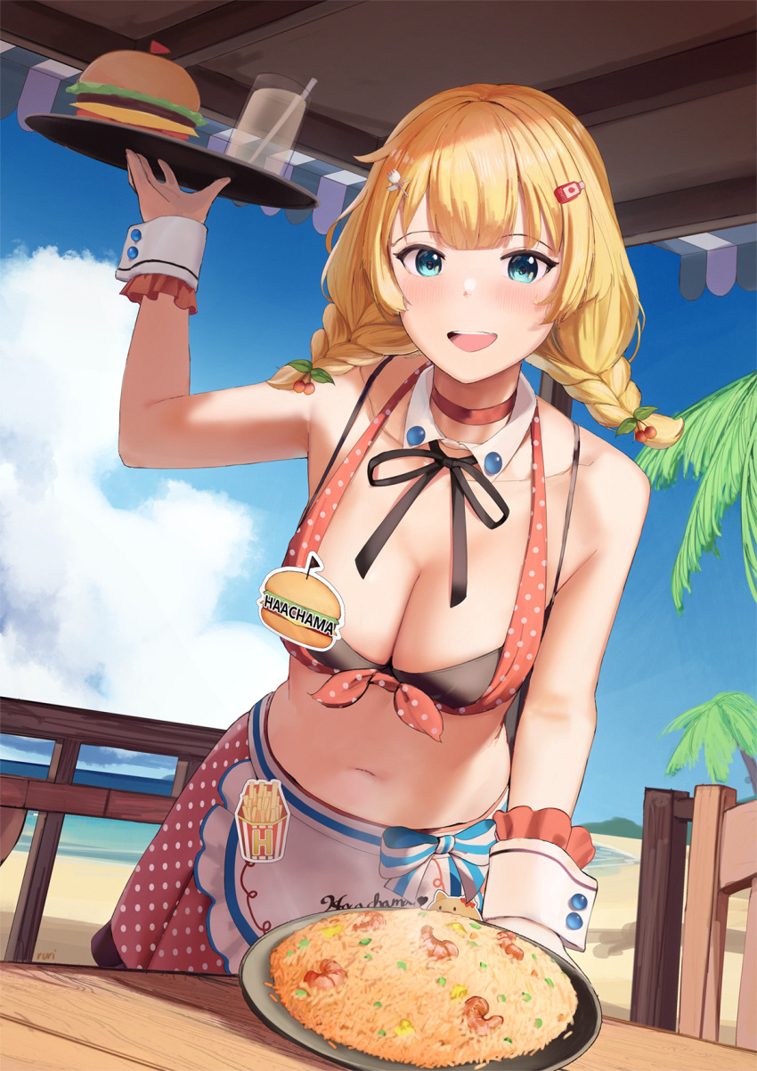 1girl, akai_haato, akai_haato_(waitress), apron, beach, blonde_hair, blue_eyes, blue_sky, blush, breasts, choker, cleavage, cloud, collar, cropped_shirt, detached_collar, hair_ornament, highres, holding, holding_plate, hololive, large_breasts, long_hair, looking_at_viewer, low_twintails, navel, official_alternate_costume, open_mouth, palm_leaf, palm_tree, plate, red_choker, red_shirt, red_skirt, rurikon, sand, shirt, skirt, sky, smile, solo, tree, twintails, virtual_youtuber, water, white_apron, white_collar