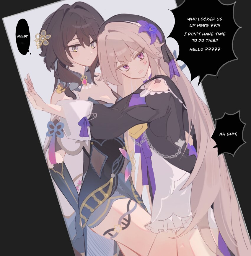 2girls, absurdres, anger_vein, black_dress, blush, breasts, brown_hair, cleavage, closed_mouth, clothing_cutout, commentary, conwoll511, dress, english_commentary, english_text, expressionless, grey_eyes, grey_hair, grey_skirt, herta_(honkai:_star_rail), herta_(puppet)_(honkai:_star_rail), highres, honkai:_star_rail, honkai_(series), long_hair, multiple_girls, open_mouth, purple_eyes, ruan_mei_(honkai:_star_rail), shoulder_cutout, skirt, speech_bubble, stuck_in_a_box, thigh_strap, thought_bubble, white_skirt, yuri