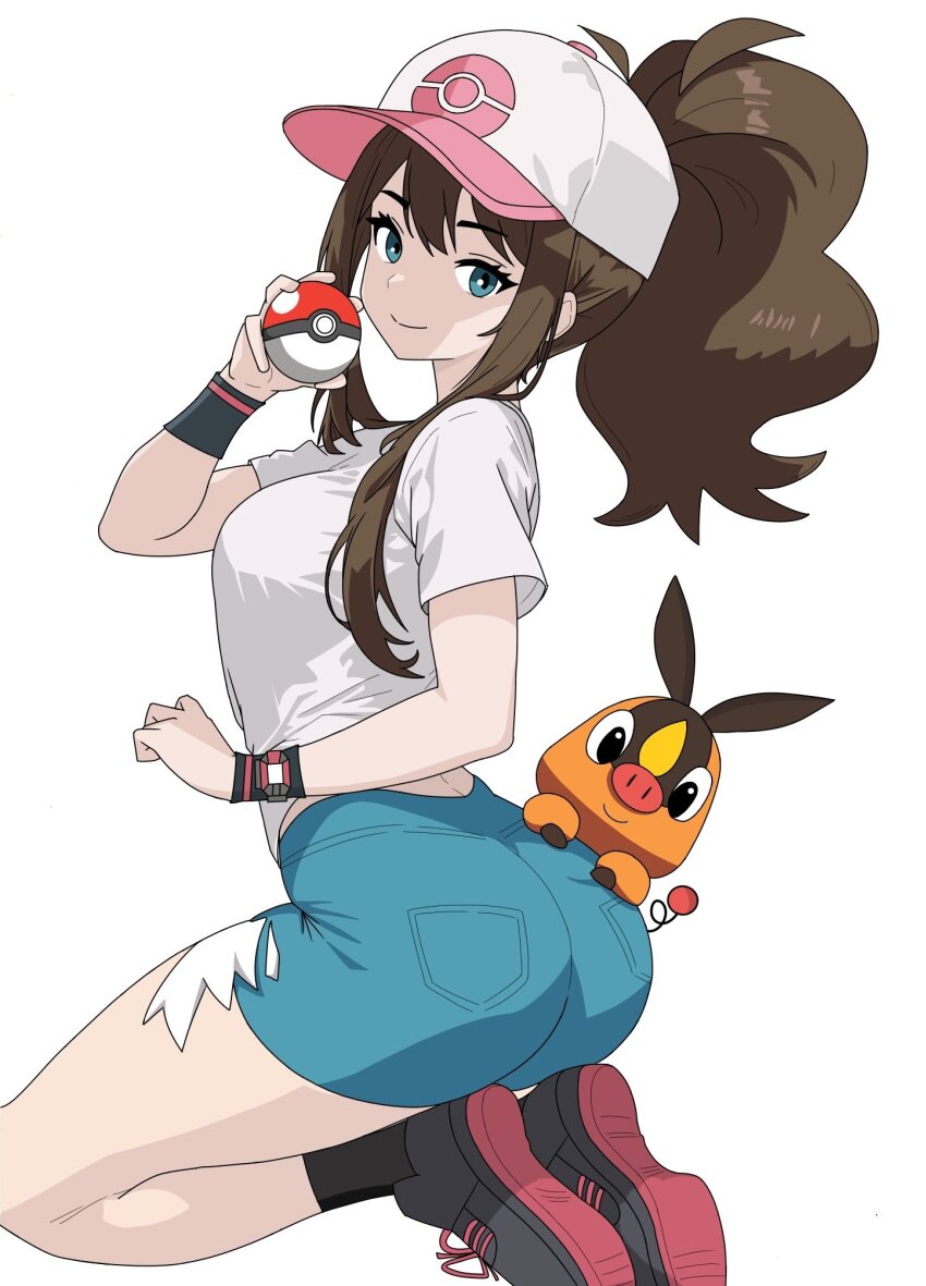 1girl, ass, baseball_cap, blue_eyes, brown_hair, denim, denim_shorts, exposed_pocket, francis46625764, gen_5_pokemon, hat, highres, hilda_(pokemon), holding, holding_poke_ball, looking_at_viewer, nintendo, poke_ball, poke_ball_(basic), pokemon, pokemon_(creature), pokemon_black_and_white, ponytail, shirt, shorts, simple_background, tepig, white_background, white_shirt, xtransceiver