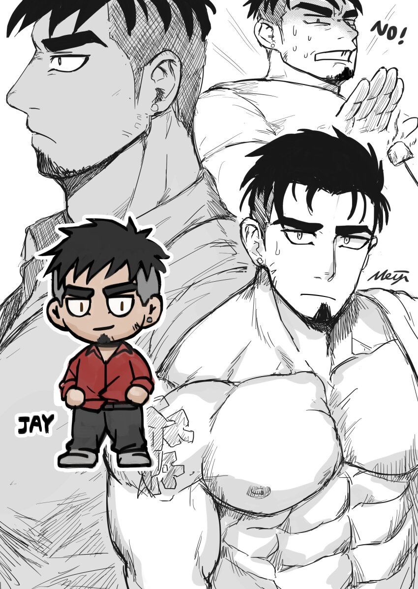 1boy, abs, absurdres, bara, character_name, chibi, chibi_inset, clothes_on_and_off