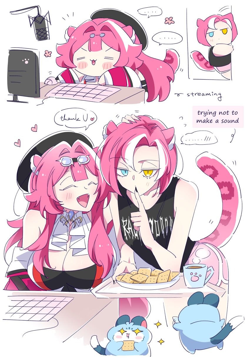 ..., 2girls, :3, =_=, ^_^, absurdres, animal_ears, arrow_(symbol), ascot, asymmetrical_bangs, beret, black_hat, black_nails, black_tank_top, black_tube_top, blue_eyes, blue_gem, blush, breasts, chattino_(raora_panthera), chibi, cleavage, closed_eyes, coffee, commentary, computer_keyboard, cowboy_shot, cracker, cropped_legs, cup, dolphin_shorts, double-parted_bangs, english_commentary, english_text, fangs, finger_to_mouth, flying_sweatdrops, food, gem, goggles, goggles_on_head, hair_intakes, hat, heart, heterochromia, highres, holding, holding_tray, hololive, hololive_english, index_finger_raised, jacket, livestream, long_hair, looking_at_another, makoto_shih, medium_breasts, microphone, monitor, mug, multicolored_hair, multiple_girls, multiple_views, nail_polish, open_mouth, panther_ears, panther_girl, panther_tail, parted_bangs, petting, pink_hair, pink_shorts, raora_panthera, raora_panthera_(1st_costume), short_hair, shorts, shushing, siblings, simple_background, sisters, sitting, sleeveless, small_breasts, smile, sorellina_panthera, sparkling_eyes, spoken_ellipsis, standing, strapless, tail, tank_top, tray, tube_top, two-tone_hair, virtual_youtuber, white_ascot, white_background, white_hair, white_jacket, yellow_eyes