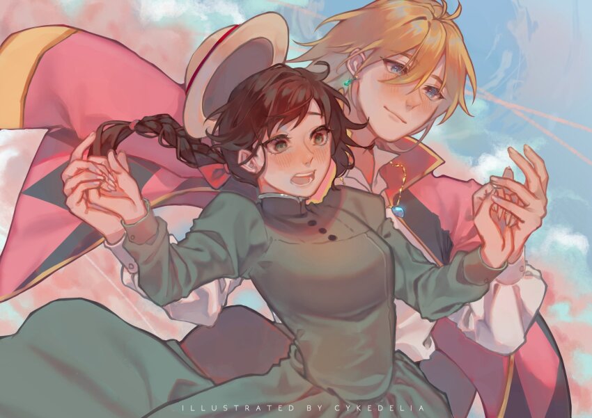 1boy, 1girl, artist_name, blonde_hair, blue_dress, blue_gem, blue_sky, blush