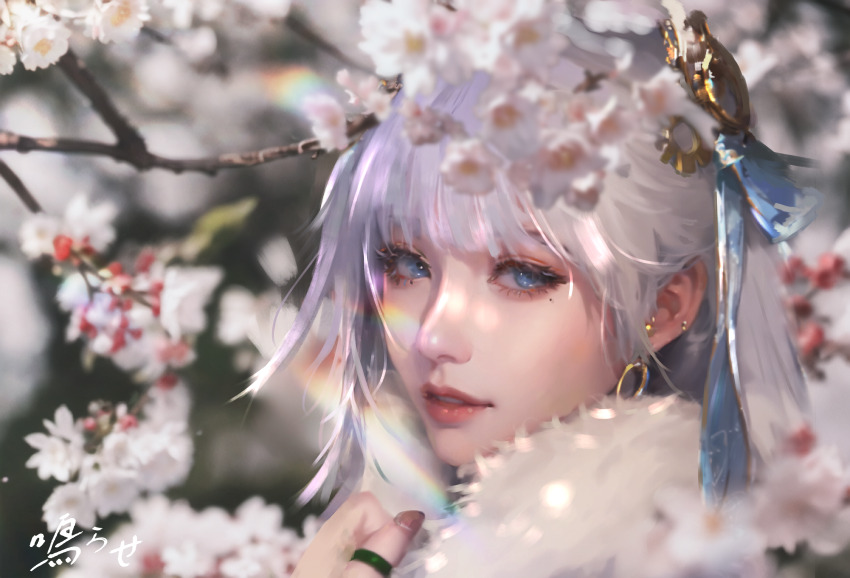 1girl, absurdres, art_study, blurry, blurry_background, bow, colored_eyelashes, commentary_request, earrings, flower, fur_trim, hair_bow, hair_ornament, highres, jewelry, jinhsi_(wuthering_waves), long_hair, looking_at_viewer, mole, mole_under_eye, narase_(ffrv5573), parted_lips, partial_commentary, portrait, ring, solo, white_bow, white_eyelashes, white_eyes, white_flower, white_hair, wuthering_waves