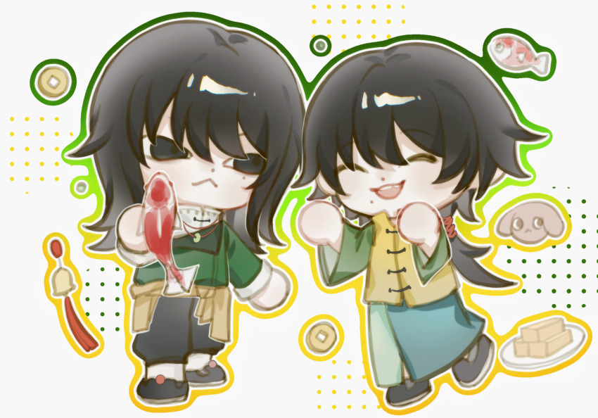 2boys, :<, ahan, animal, black_eyes, black_hair, black_pants, black_shoes, chinese_commentary, closed_eyes, closed_mouth, commentary_request, deformed, fish, green_shirt, hair_between_eyes, highres, holding, holding_animal, holding_fish, koi, long_hair, male_focus, missing_tooth, mole, mole_under_eye, multiple_boys, open_mouth, pants, shirt, shoes, smile, touqi_guaitan, vest, white_shirt, yellow_vest, ziche_fuqing, ziche_fuzhao