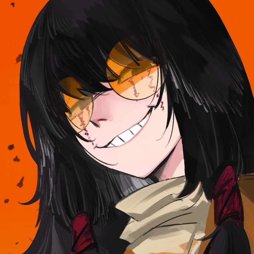 1boy, ahan, black_eyes, black_hair, chinese_commentary, commentary_request, facial_tattoo, grin