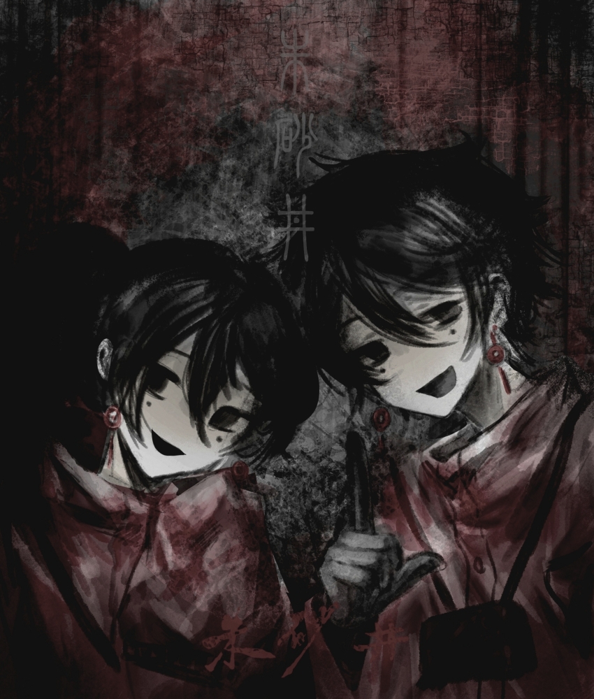 1boy, 1girl, black_eyes, black_gloves, black_hair, camera, camera_around_neck, chinese_commentary, colored_skin, commentary_request, dual_persona, earrings, gloves, hair_between_eyes, high_collar, highres, index_finger_raised, jacket, jewelry, li_yuting_(female), li_yuting_(male), long_sleeves, mole, mole_under_each_eye, mole_under_eye, multiple_moles, open_mouth, red_jacket, short_hair, smile, touqi_guaitan, upper_body, white_skin, zhusha_jing