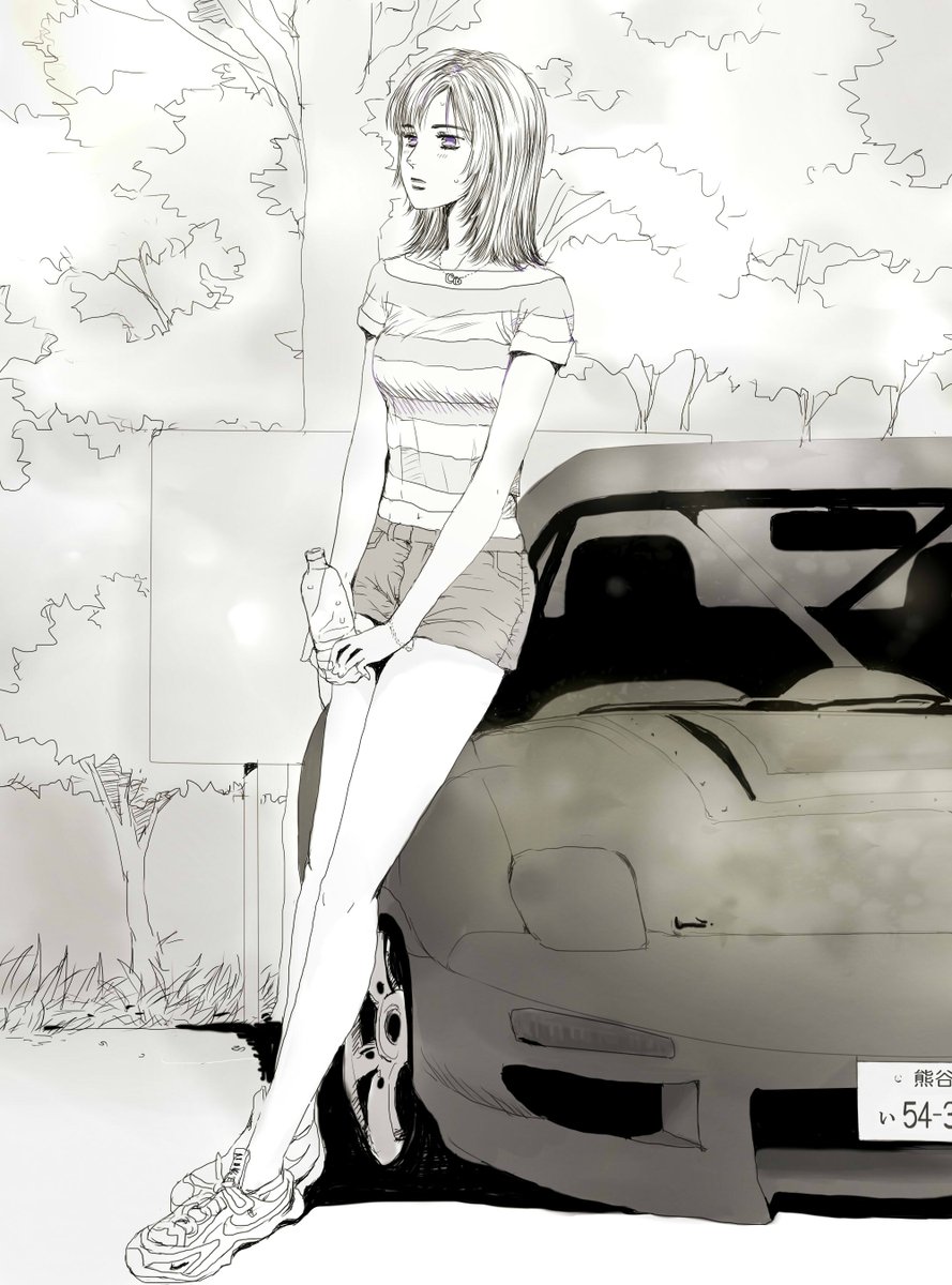 1girl, bare_arms, bare_legs, black_car, black_mirror, bottle, breasts, brick, brick_wall, car, facing_another, facing_away, facing_to_the_side, full_body, greyscale, highres, holding, holding_bottle, initial_d, iwase_kyouko, jewelry, looking_ahead, looking_to_the_side, mature_female, mazda_rx-7, mazda_rx-7_fd, medium_breasts, medium_hair, metalk203011, miniskirt, monochrome, motor_vehicle, necklace, outdoors, parted_bangs, seatbelt, shoes, short_shorts, short_sleeves, shorts, skirt, sneakers, solo, solo_focus, sports_car, standing, striped_clothes, tree, unused_tire, water_bottle, wrist_cuffs