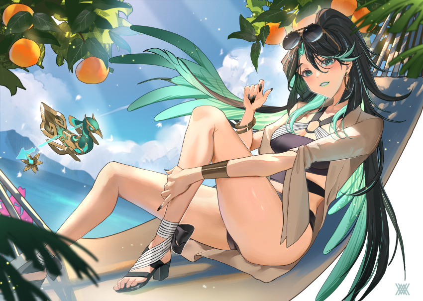 1girl, absurdres, alternate_costume, aqua_eyes, aqua_hair, bikini, black_bikini, black_footwear, black_hair, black_nails, black_panties, blue_sky, bracelet, bulle_fruit_(genshin_impact), cloud, colored_inner_hair, commentary_request, day, earrings, eyewear_on_head, fingernails, food, fruit, genshin_impact, hair_between_eyes, high_ponytail, highres, hoop_earrings, jewelry, long_fingernails, long_hair, looking_at_viewer, multicolored_hair, nail_polish, niwaka_(niwaka_byakko), o-ring, o-ring_bikini, on_hammock, open_mouth, orange_(fruit), outdoors, panties, ponytail, sitting, sky, solo, sunglasses, sunlight, swimsuit, teeth, thighs, tinted_eyewear, toenails, underwear, very_long_hair, water, xianyun_(genshin_impact), yellow-framed_eyewear