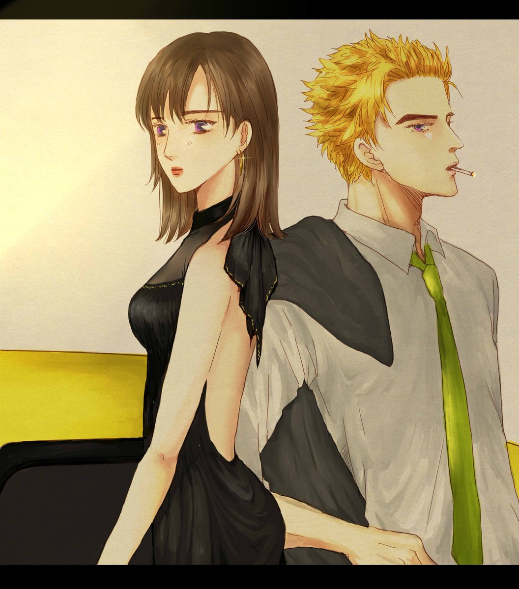 1boy, 1girl, bare_arms, bare_back, black_dress, blonde_hair, brown_hair, car