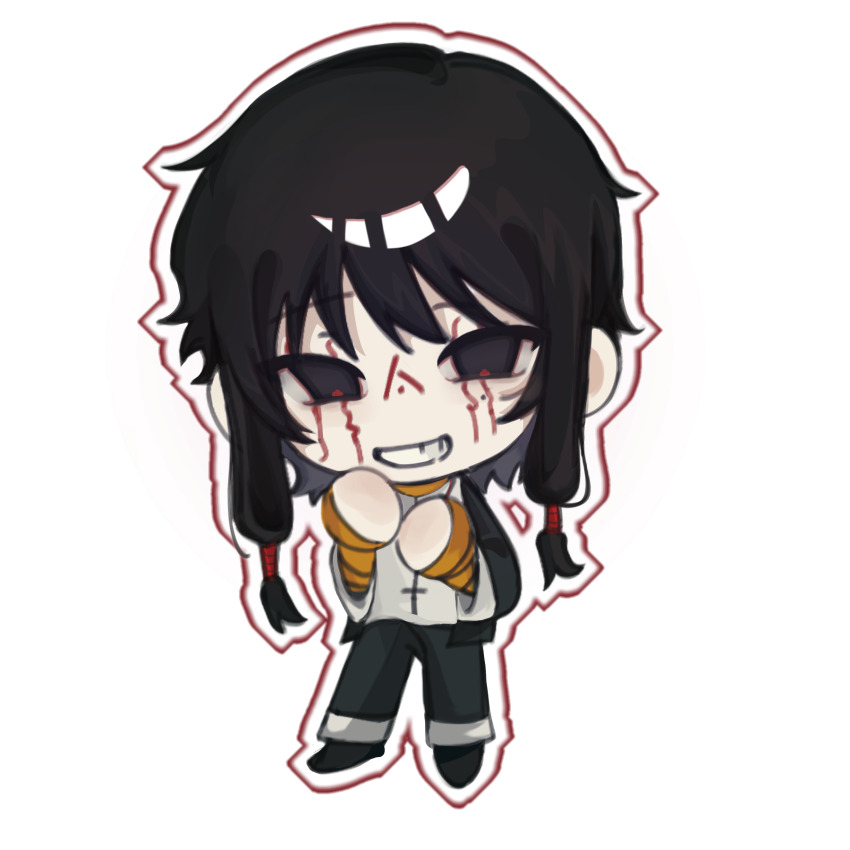 1boy, bandaged_arm, bandages, black_eyes, black_hair, black_jacket, black_pants, black_shoes