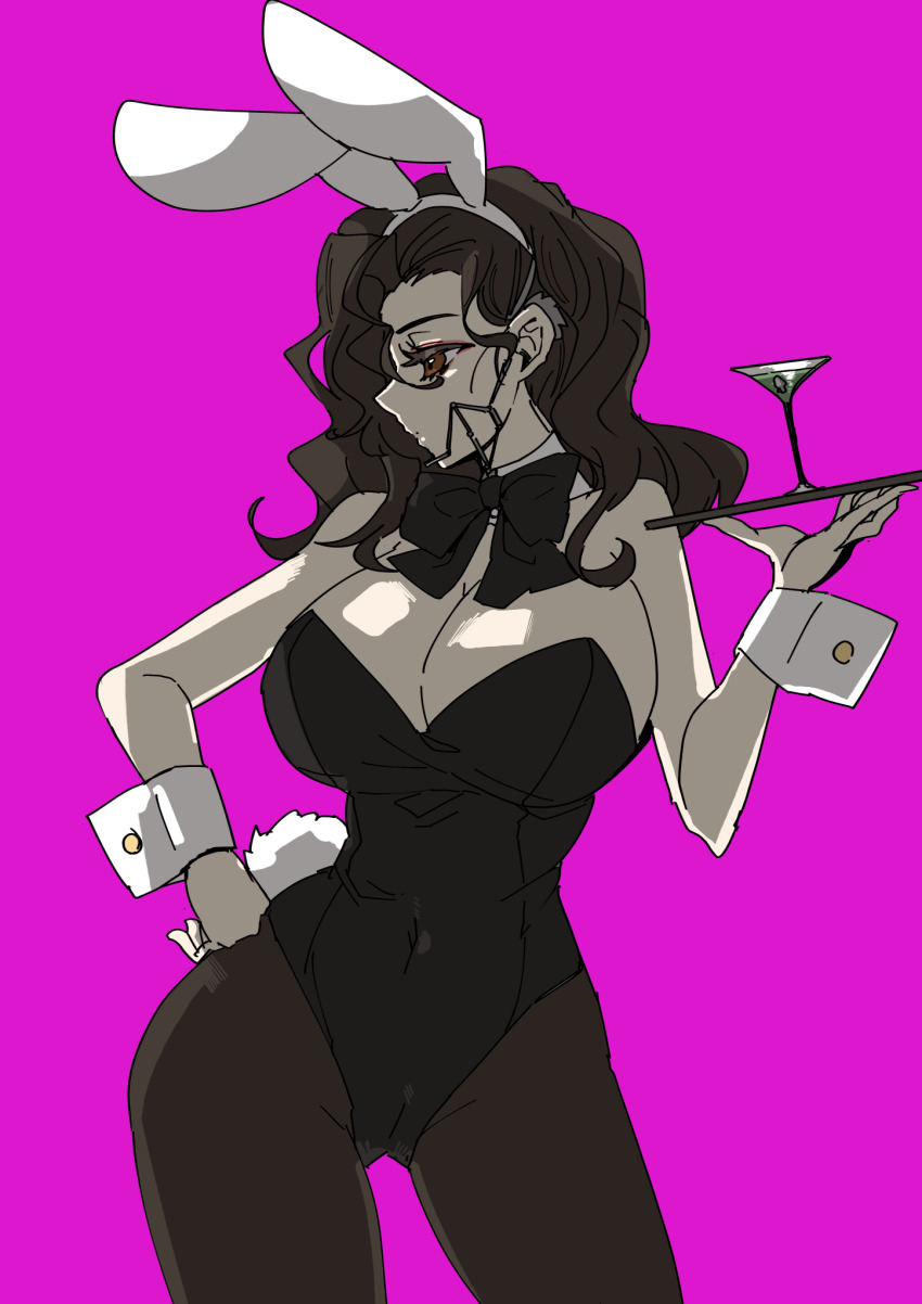 1girl, animal_ears, bare_arms, bare_shoulders, black_bow, black_bowtie, black_leotard, black_pantyhose, bow, bowtie, braces, breasts, brown_eyes, cameltoe, cocktail, cocktail_glass, covered_navel, cowboy_shot, cup, detached_collar, drinking_glass, fake_animal_ears, hand_on_own_hip, hand_up, highres, holding, holding_tray, huge_breasts, leotard, long_hair, pantyhose, pink_background, playboy_bunny, profile, rabbit_ears, rabbit_tail, reverse:1999, solo, strapless, strapless_leotard, tail, tooth_fairy_(reverse:1999), tray, turning_head, wavy_hair, white_wrist_cuffs, wrist_cuffs, ziyunshanding
