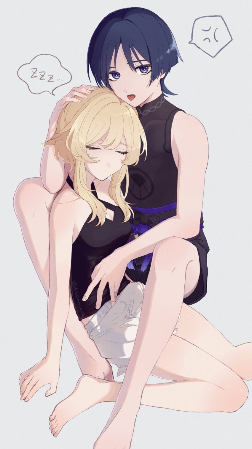 1boy, 1girl, :p, anger_vein, barefoot, belt, black_belt, black_bodysuit