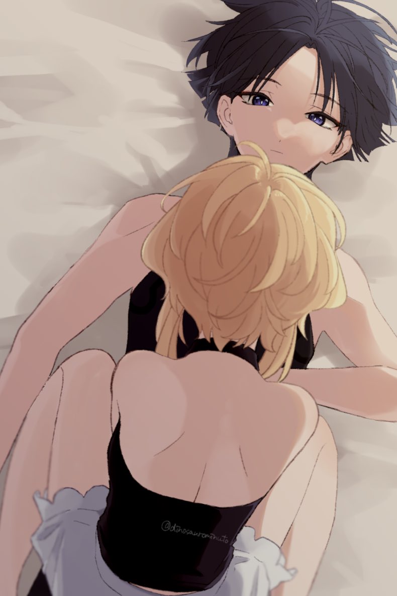 1boy, 1girl, back, back_peek, bare_shoulders, bed_sheet, black_camisole, black_hair