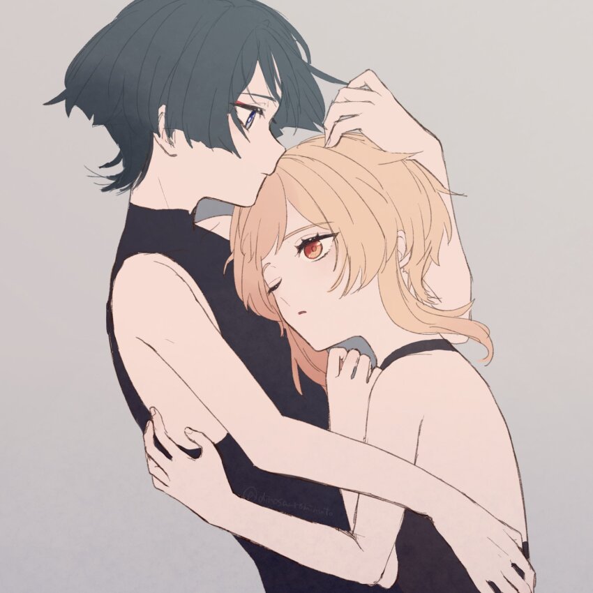 1boy, 1girl, back, bare_shoulders, black_bodysuit, black_camisole, black_eyes, black_hair