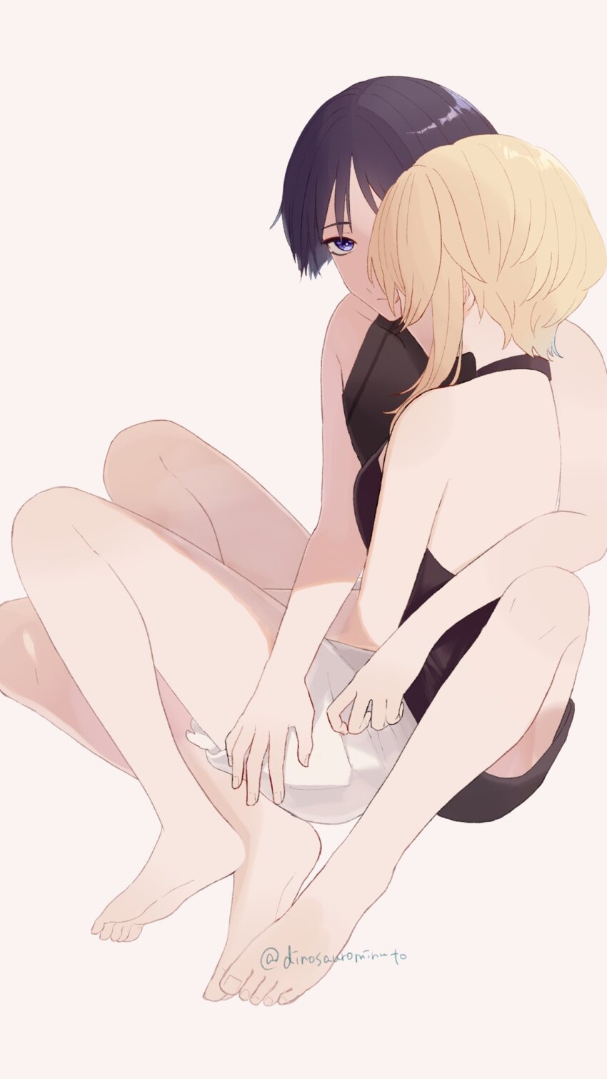 1boy, 1girl, armpit_crease, back, bare_shoulders, barefoot, black_bodysuit, black_camisole
