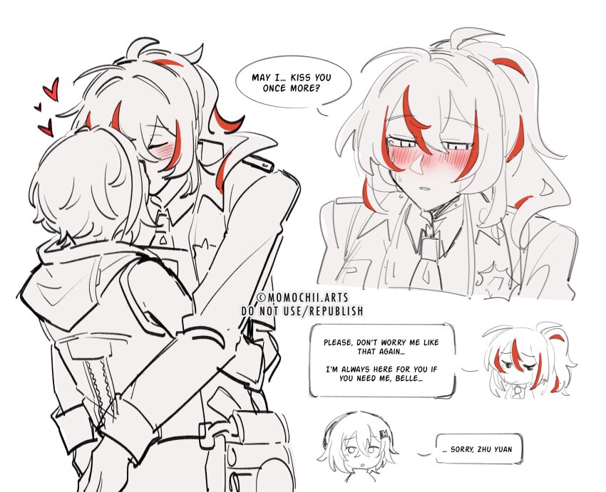 2girls, absurdres, belle_(zenless_zone_zero), blush, closed_eyes, closed_mouth, collared_shirt, commentary