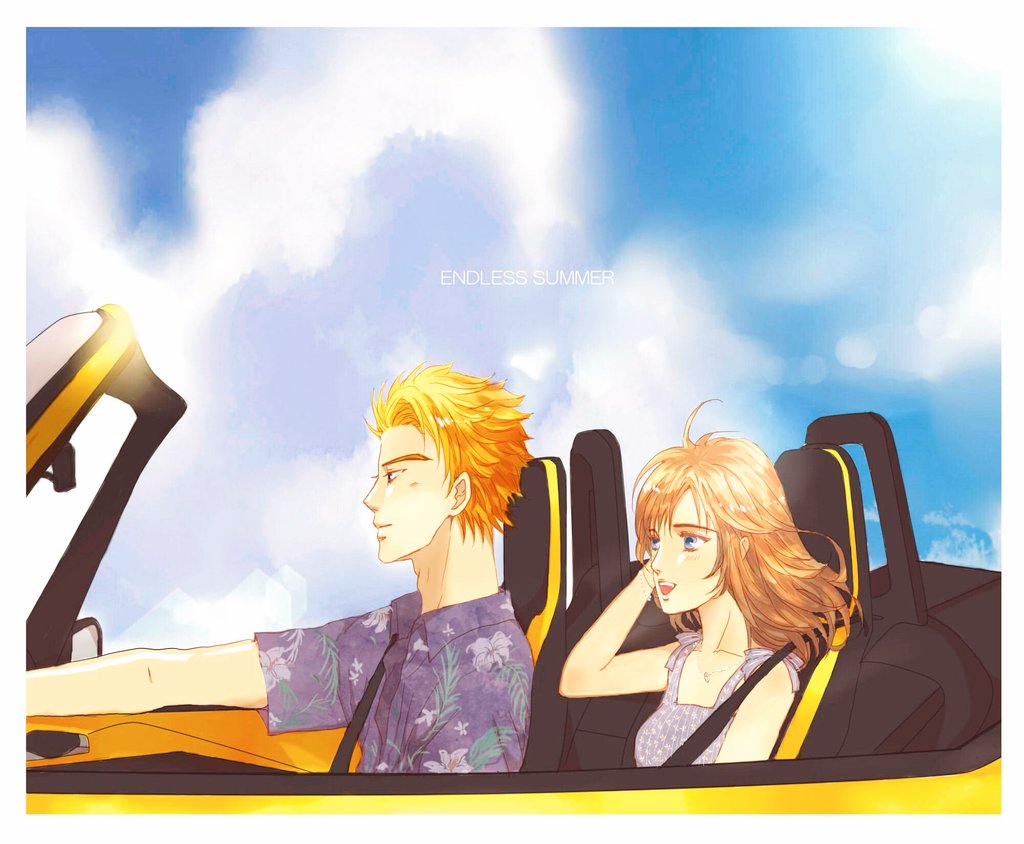 1boy, 1girl, bare_shoulders, blonde_hair, blue_sky, blurry, bokeh, brown_hair