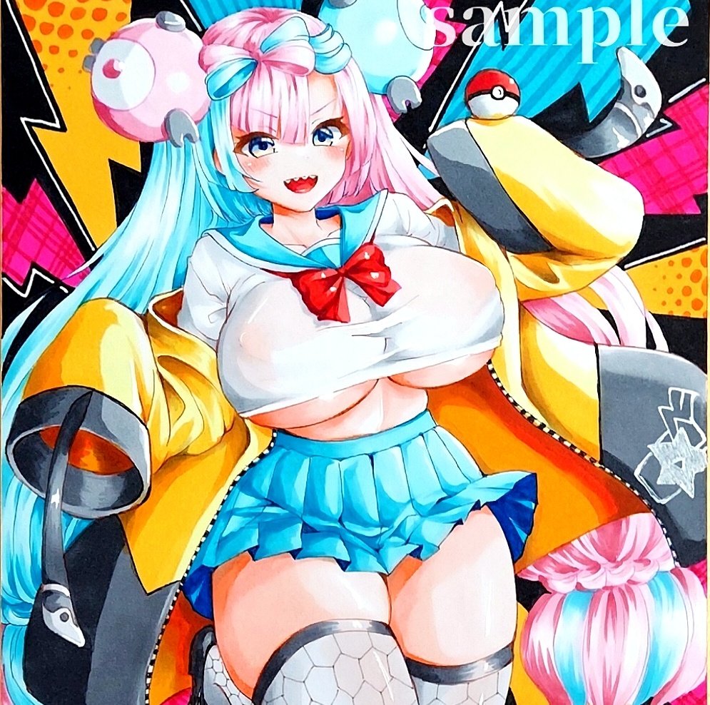 alternate_costume, bow-shaped_hair, breasts, character_hair_ornament, hair_ornament, iono_(pokemon), large_breasts, marker_(medium), nintendo, pokemon, pokemon_scarlet_and_violet, sio_oekaki, traditional_media