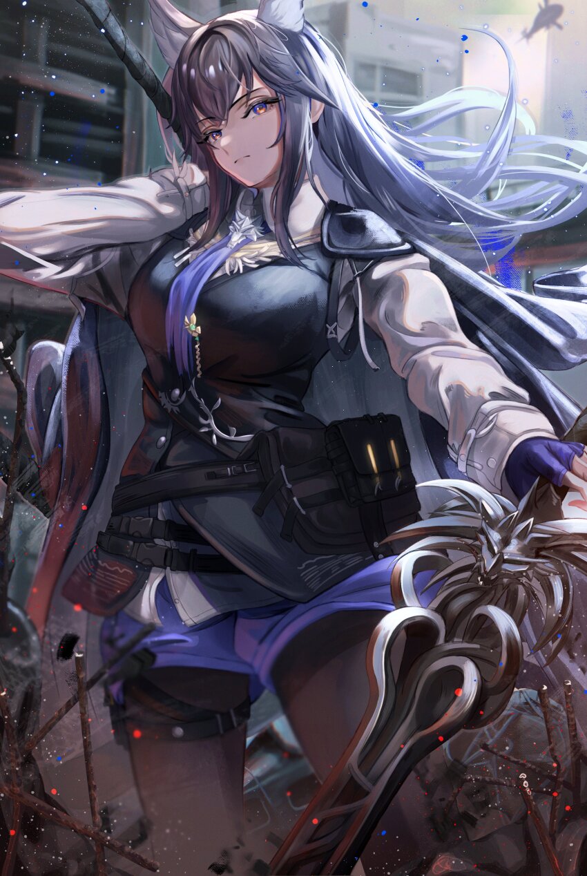 1girl, absurdres, animal_ear_fluff, animal_ears, arknights, black_cape, black_hair, black_pantyhose