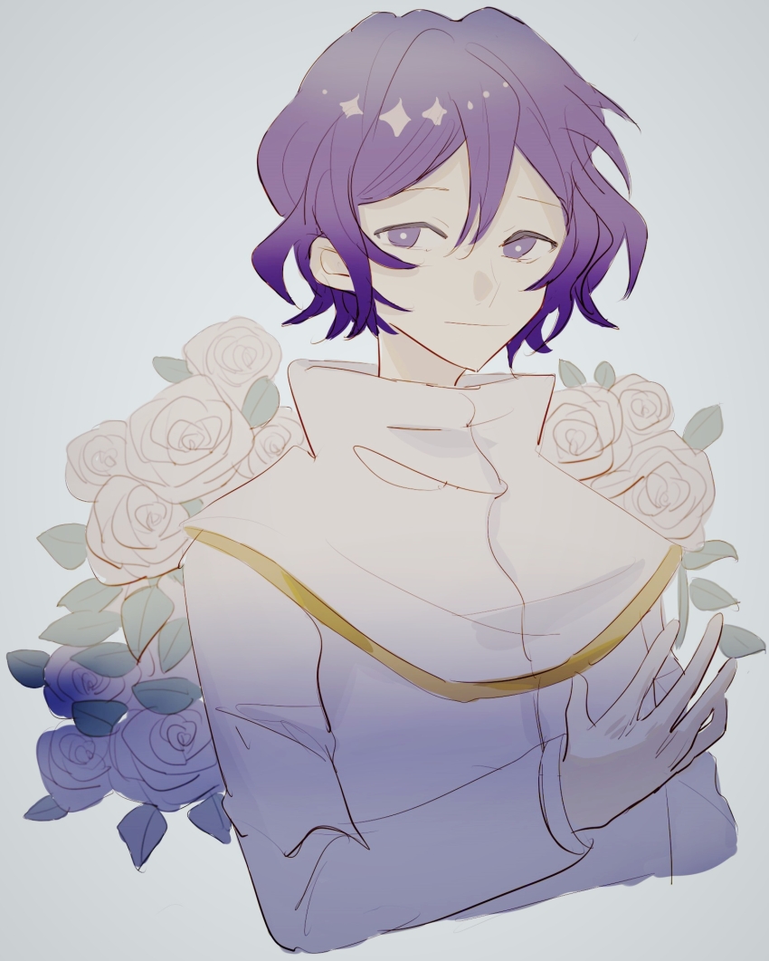 1boy, bright_pupils, capelet, closed_mouth, cropped_torso, flower, gold_trim, hai_(1210080)