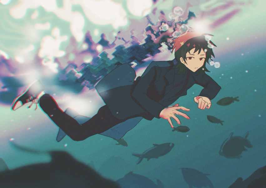 1boy, absurdres, black_coat, black_pants, black_shirt, black_shoes, brown_hair, bubble