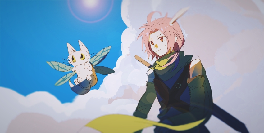 1boy, absurdres, blue_shirt, blue_sky, closed_mouth, cloud, creature, detached_sleeves