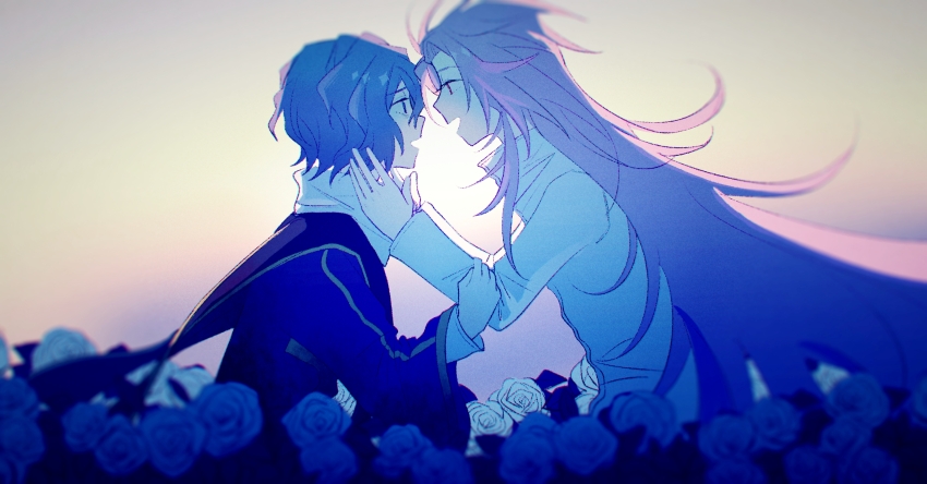 2boys, absurdres, blue_eyes, blue_hair, blue_jacket, film_grain, flower, from_side