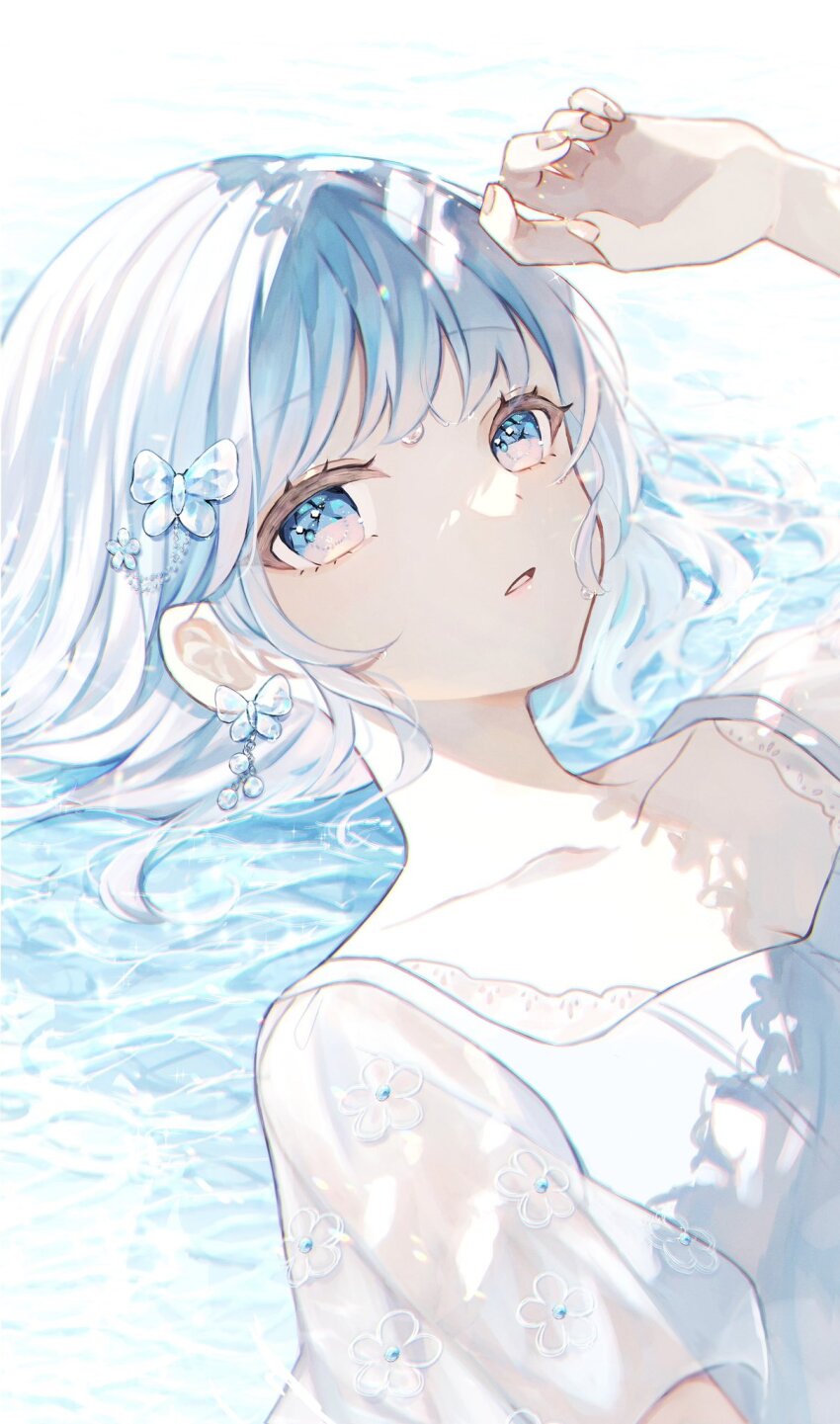 1girl, afloat, blue_butterfly, blue_eyes, blue_hair, bug, butterfly, butterfly_earrings