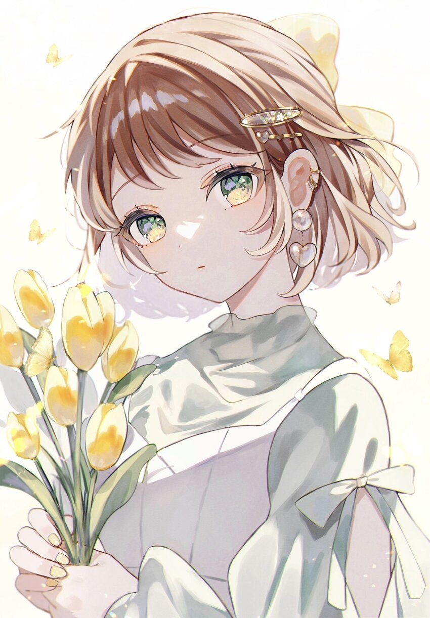 1girl, bow, brown_hair, bug, butterfly, dress, earrings, flower