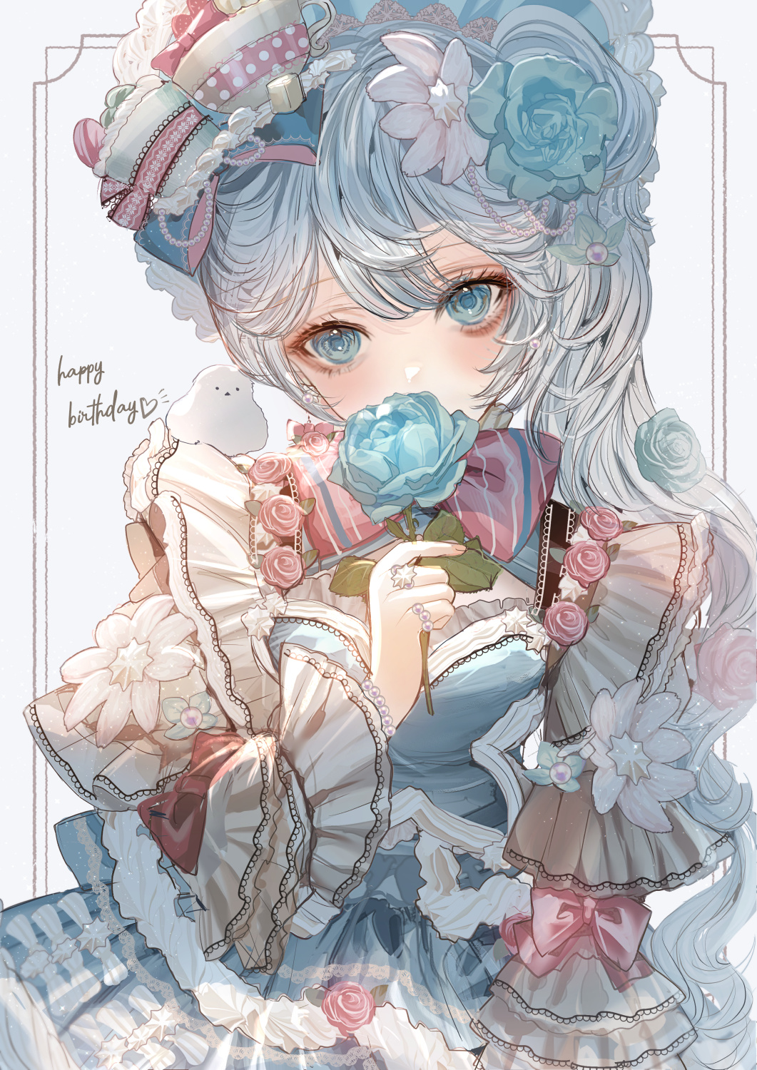 1girl, bead_bracelet, beads, blue_dress, blue_eyes, blue_flower, blue_rose, bow