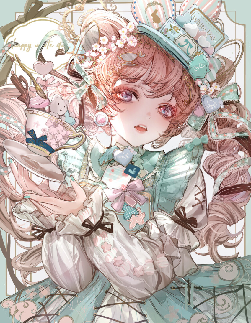 1girl, accurate_lolita_coord, bow, bowtie, cup, cup_hair_ornament, dress, english_text, flower, frilled_dress, frilled_sleeves, frills, hair_between_eyes, hair_flower, hair_ornament, hair_ribbon, happy_white_day, heart, heart_hair_ornament, highres, komorihikki, lolita_fashion, long_hair, long_sleeves, looking_at_viewer, open_mouth, original, pin, pink_bow, pink_bowtie, pink_eyes, pink_hair, pink_nails, pink_ribbon, plate, puffy_long_sleeves, puffy_sleeves, ribbon, simple_background, solo, spoon, stuffed_animal, stuffed_toy, teddy_bear, twintails, upper_body, wavy_hair, white_day, white_flower