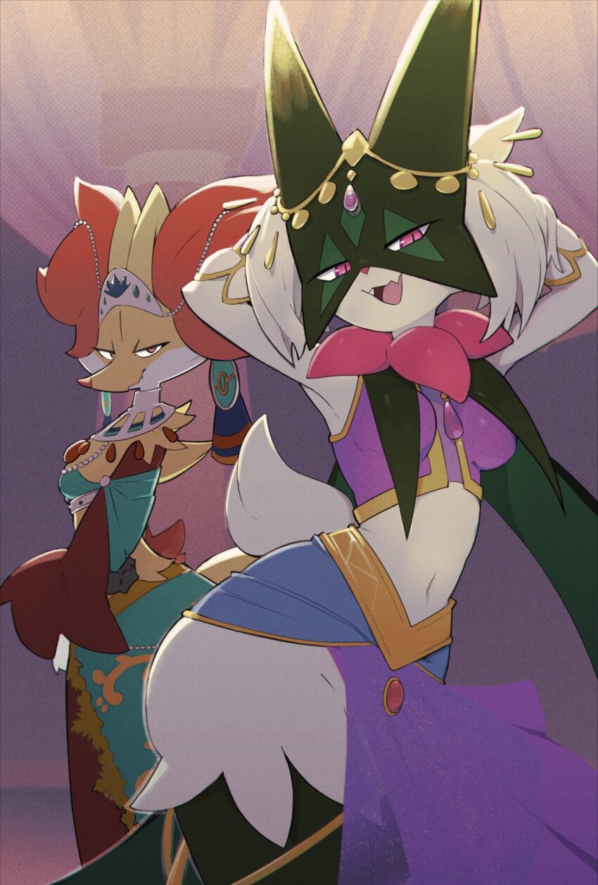 2girls, arabian_clothes, belly_dancing, breasts, bustier, clothed_pokemon, dancing, delphox, delphox_(sacred), dodudoru, furry, furry_female, gen_6_pokemon, gold_headwear, green_fur, harem_outfit, highres, looking_at_viewer, meowscarada, meowscarada_(dancer), multiple_girls, nintendo, orange_fur, pelvic_curtain, pokemon, pokemon_(creature), pokemon_unite, purple_bustier, smile, two-tone_fur