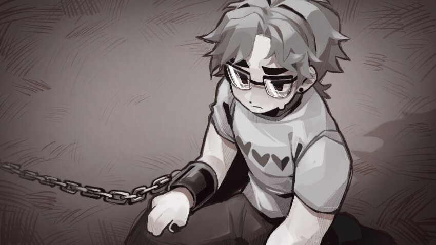 1boy, chain, commentary, cuffs, english_commentary, glasses, greyscale, heart, hulatie, kneeling, male_focus, minecraft_youtube, monochrome, parody, shirt, short_hair, short_sleeves, slay_the_princess, slimecicle, solo, sweat