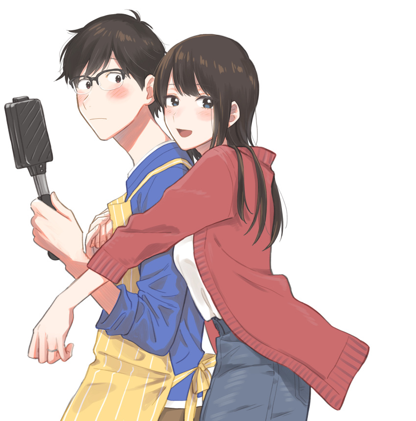 1boy, 1girl, :d, absurdres, apron, black_eyes, black_hair, blue_eyes