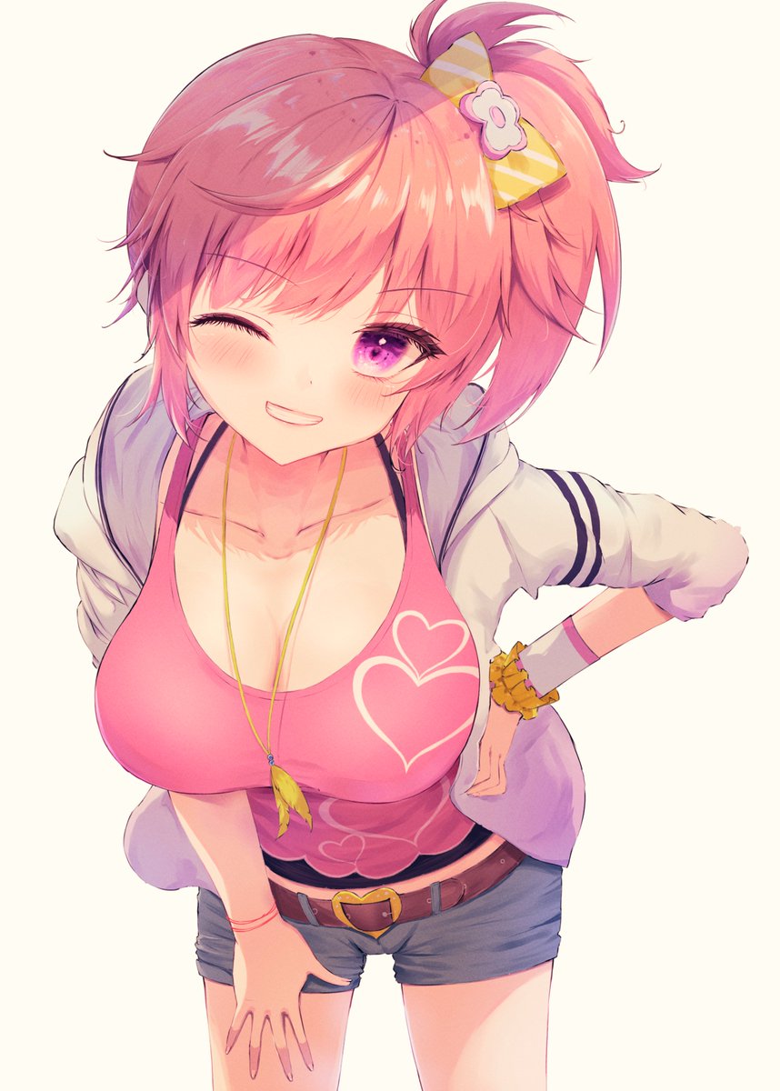 1girl, ;d, ashiyu0330, belt, blush, bow, breasts, brown_belt