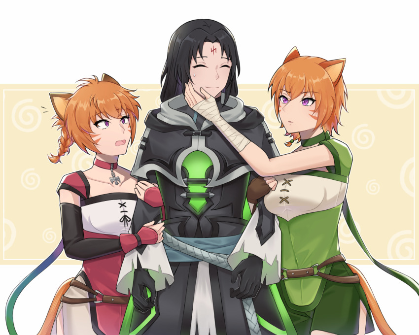1boy, 2girls, animal_ears, black_gloves, black_hair, braid, cat, cat_ears, cat_girl, cat_tail, closed_eyes, collar, commission, commissioner_upload, facepaint, fire_emblem, fire_emblem:_path_of_radiance, fire_emblem:_radiant_dawn, fire_emblem_heroes, gloves, hand_on_another's_face, hand_wraps, highres, holding_another's_arm, lethe_(fire_emblem), lyre_(fire_emblem), multiple_girls, nintendo, official_alternate_costume, orange_hair, purple_eyes, siblings, simple_background, sisters, soren_(fire_emblem), soren_(resplendent)_(fire_emblem), sweatdrop, tail, twins, witchi, worried