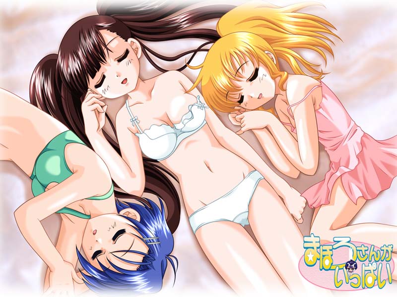 3girls, bed, blonde_hair, blue_hair, bra, brown_hair, lingerie, lying