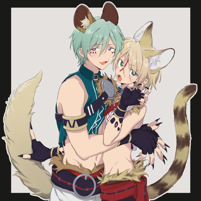 0000972, 2boys, animal_ears, aqua_hair, aqua_shirt, arm_around_another's_back, armlet, bangle, bishounen, black_border, black_gloves, black_nails, black_sash, blonde_hair, border, bracelet, brooch, brown_tail, cat_boy, claw_pose, cowboy_shot, crop_top, double-parted_bangs, ensemble_stars!, extra_ears, facial_mark, fangs, fingerless_gloves, fingernails, fur-trimmed_sash, gloves, green_eyes, grey_background, groin, hair_between_eyes, hand_up, highres, holding_another's_tail, hyena_boy, hyena_ears, implied_yaoi, jewelry, kazehaya_tatsumi, kemonomimi_mode, long_fingernails, looking_at_viewer, male_focus, mandarin_collar, mark_between_eyes, mark_under_both_eyes, multiple_boys, nail_polish, navel, official_alternate_costume, open_mouth, outside_border, own_hands_together, pants, pectoral_docking, pectoral_press, purple_eyes, red_sash, sash, serval, shiratori_aira_(beasts'_survival)_(ensemble_stars!), shiratori_aira_(ensemble_stars!), shirt, short_hair, shoulder_sash, simple_background, skin_fangs, sleeveless, sleeveless_shirt, stomach, striped_tail, swept_bangs, tail, turning_head, two-tone_tail, waist_sash, white_pants, white_shirt, yellow_tail