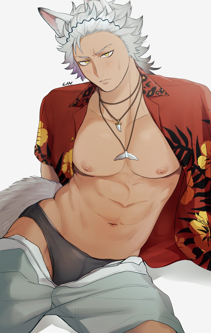 1boy, abs, animal_ears, briefs, bulge, commentary_request, grey_hair, hawaiian_shirt, highres, jack_howl, jack_howl_(tropical_wear), jewelry, l/n_(ln_linden), looking_at_viewer, male_focus, male_underwear, necklace, nipples, open_clothes, open_shirt, red_shirt, shirt, shorts, simple_background, sitting, solo, sweat, tail, toned, toned_male, tooth_necklace, twisted_wonderland, underwear, white_background, wolf_boy, wolf_ears, wolf_tail, yellow_eyes