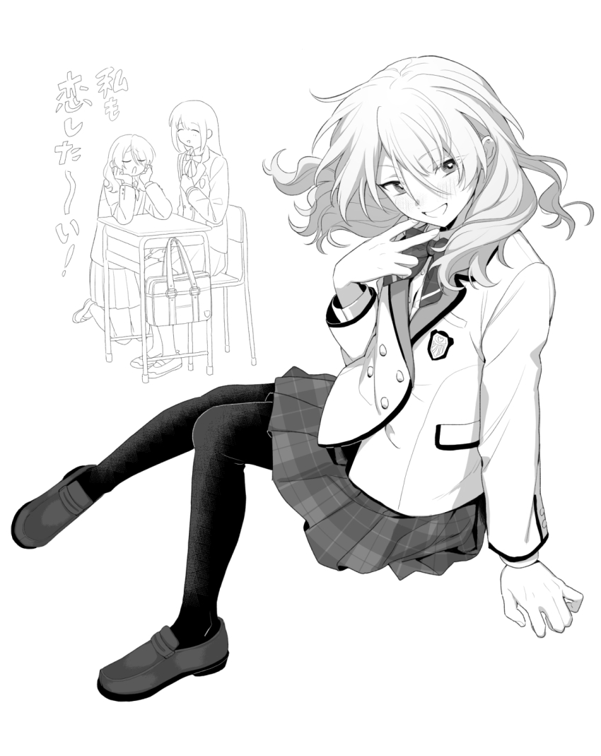 0000972, 1boy, 1girl, anzu_(ensemble_stars!), arm_at_side, bag, buttons, crossdressing, doodle_inset, dot_nose, ensemble_stars!, gradient_hair, greyscale, grin, hair_between_eyes, hand_up, highres, invisible_chair, inward_v, jacket, knee_up, knees_together_feet_apart, light_blush, loafers, long_sleeves, looking_at_viewer, male_focus, medium_hair, monochrome, multicolored_hair, official_alternate_hair_length, official_alternate_hairstyle, pantyhose, plaid_clothes, plaid_skirt, pleated_skirt, pocket, school_uniform, shiratori_aira_(ensemble_stars!), shiratori_aira_(ensemble_stars!)_(scramble_private_academy), shoes, sideways_glance, simple_background, sitting, skirt, smile, solo_focus, trap, unworn_bag, v, white_background, wind