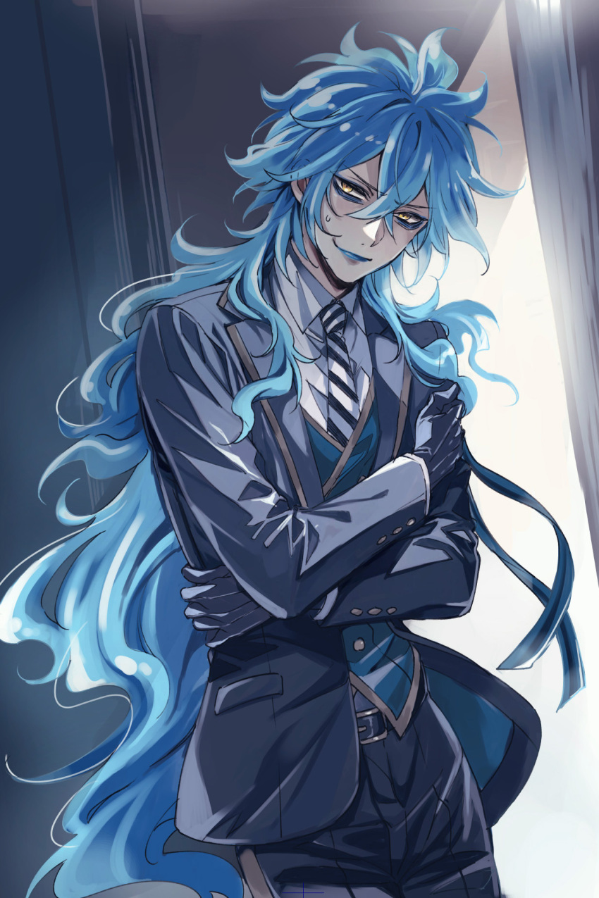 1boy, blue_hair, blue_lips, bubobo1, commentary_request, cowboy_shot, gloves, highres, idia_shroud, indoors, long_hair, looking_at_viewer, male_focus, night_raven_college_school_uniform, school_uniform, smile, solo, twisted_wonderland, very_long_hair, yellow_eyes