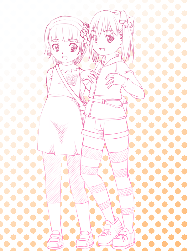 2girls, aged_down, bad_id, bad_pixiv_id, capri_pants, cat_shop, child, flower, hair_flower, hair_ornament, hairband, multiple_girls, pants, shirai_kuroko, shirai_kuroko_(young), short_hair, short_twintails, shorts, skirt, smile, striped_clothes, striped_legwear, striped_thighhighs, thighhighs, toaru_kagaku_no_railgun, toaru_majutsu_no_index, twintails, uiharu_kazari