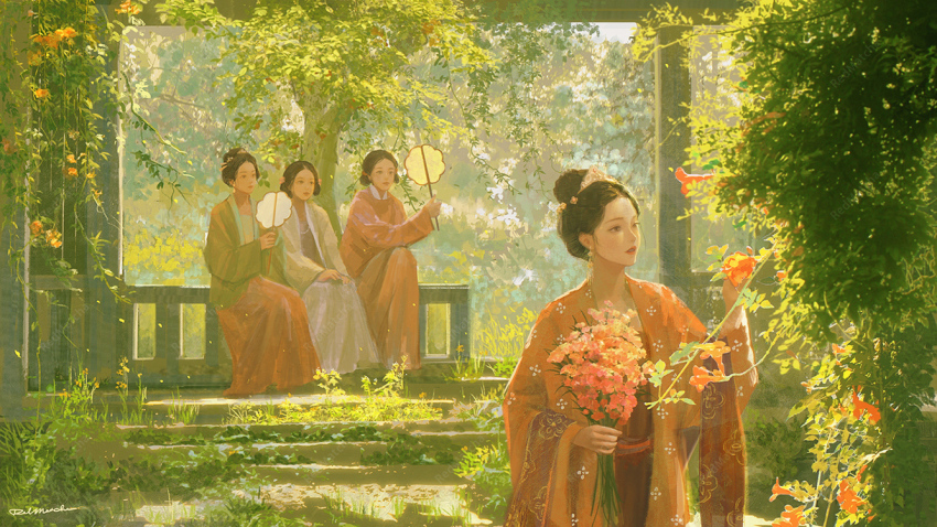 4girls, aoqun, black_hair, bouquet, brown_eyes, chinese_clothes, chinese_commentary, commentary_request, day, double_bun, earrings, floral_print, flower, full_body, garden, hair_bobbles, hair_bun, hair_flower, hair_ornament, hairpin, hand_fan, hands_on_lap, hanfu, holding, holding_bouquet, holding_fan, jewelry, light_particles, long_skirt, long_sleeves, multiple_girls, open_clothes, open_robe, original, outdoors, picking_flowers, pink_flower, pink_hanfu, pink_skirt, purple_shirt, realistic, redmatcha, robe, scenery, shirt, short_hair, signature, single_hair_bun, sitting, skirt, tiara, tree, tuanshan, updo, white_hanfu, white_shirt, white_tiara, wide_sleeves