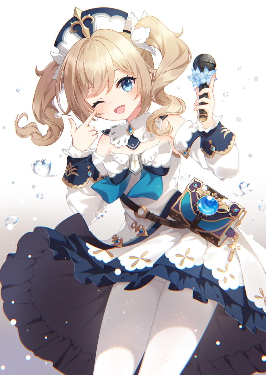 1girl, ;d, absurdres, barbara_(genshin_impact), blonde_hair, blue_eyes, blush, bow