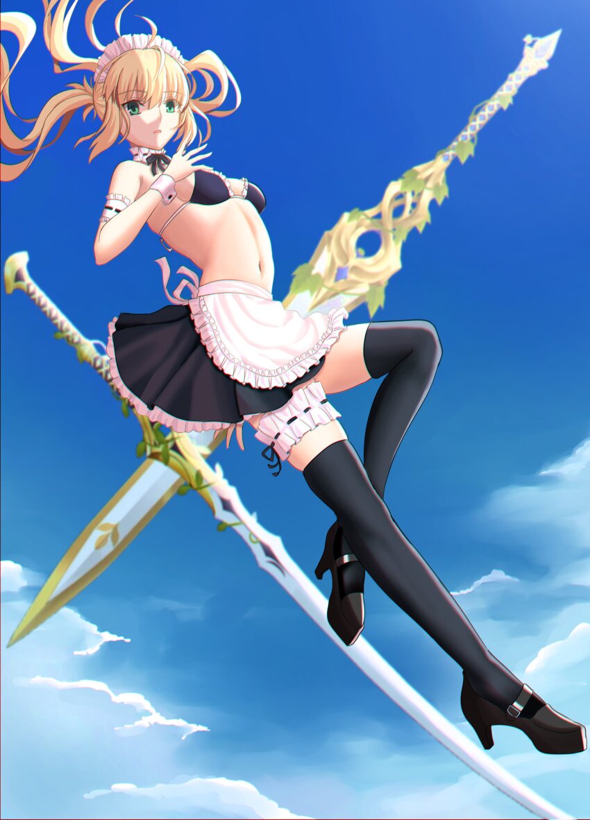 1girl, absurdres, artoria_caster_(fate), artoria_caster_(swimsuit)_(fate), artoria_caster_(swimsuit_berserker)_(fate), artoria_pendragon_(fate), black_boots, boots, fate/grand_order, fate_(series), frilled_thigh_strap, highres, longdq3008, saber_alter, saber_alter_(swimsuit_rider)_(second_ascension), thigh_strap